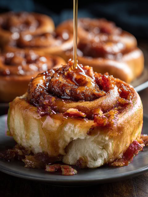 A close up of a cinnamon roll with a drizzle of maple syrup.