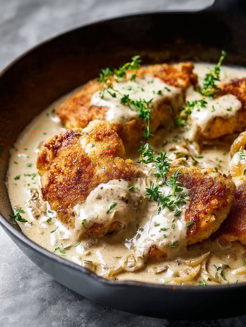 A dish of chicken covered in sour cream and onions.