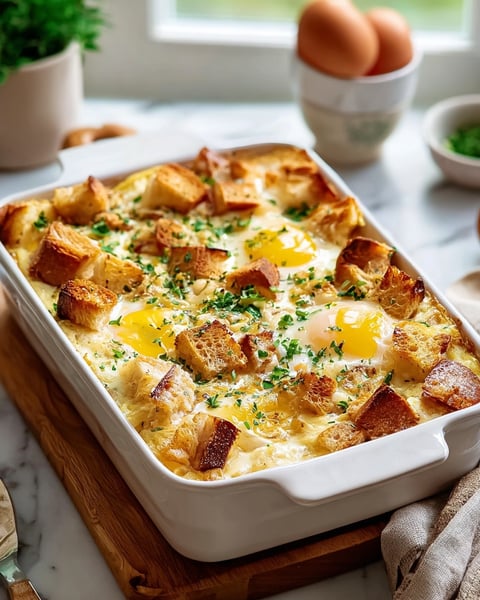 A casserole with eggs, bread, and cheese.