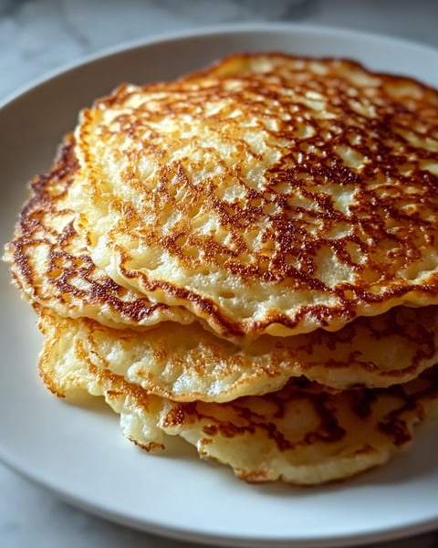 Crispy German potato pancakes stacked on a plate.