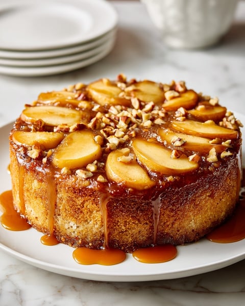 A caramel apple upside-down cake on a plate.