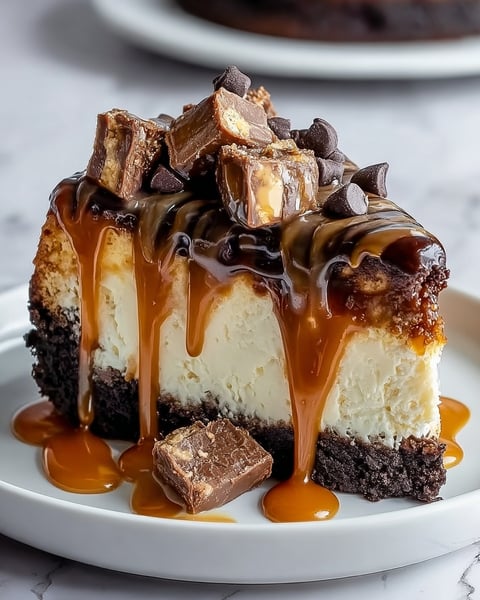 A slice of caramel brownie cheesecake.