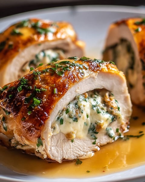 A stuffed chicken dish with a sauce.