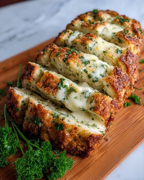 A piece of Parmesan chicken meatloaf on a wooden cutting board.