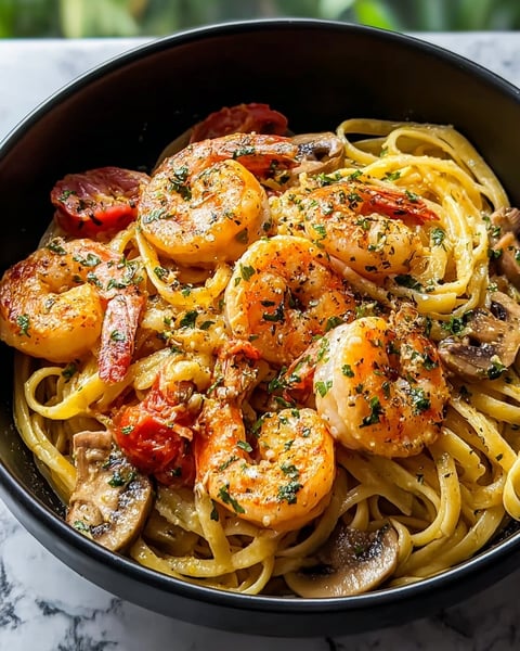 A bowl of Jamaican Shrimp Pasta.