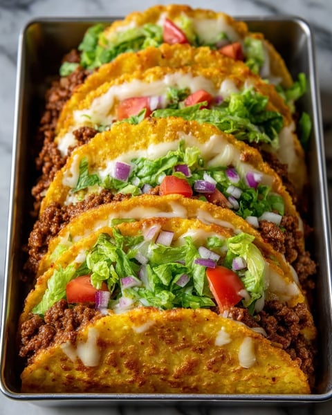 A pan of oven-baked cheesy tacos.