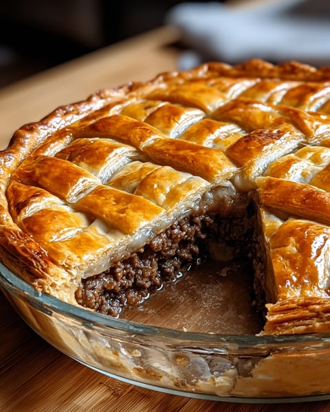 A slice of a Quebec-style beef tourtière.