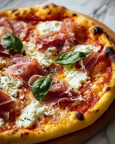 A pizza with white sauce and ham.