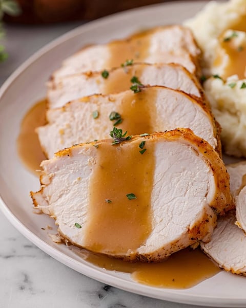 A plate of bourbon maple glazed boneless turkey breast.