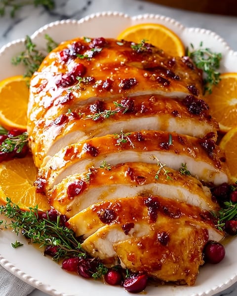 A glazed turkey breast with cranberries and oranges.