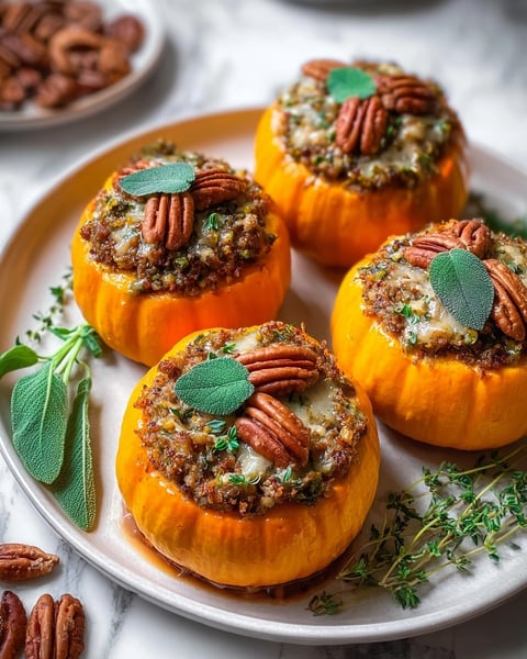 Four pumpkins filled with ground turkey and brown butter sage.