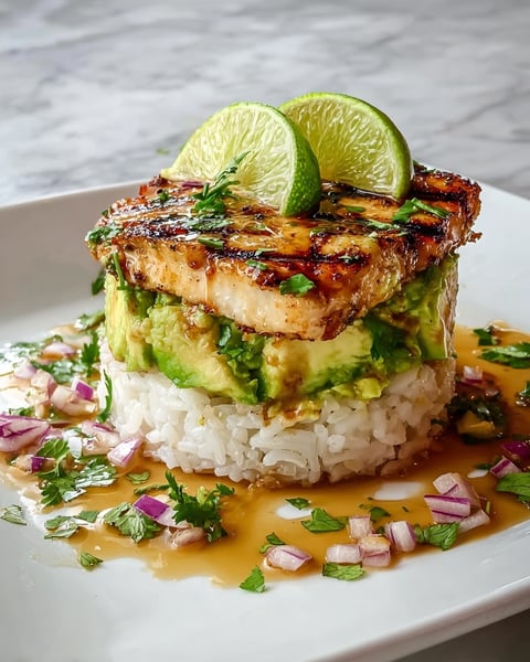 A plate of food with a honey lime chicken and avocado rice stack.