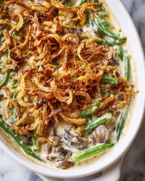 A delicious looking green bean casserole.