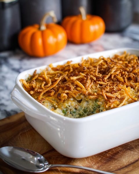 A white bowl filled with a green bean casserole.
