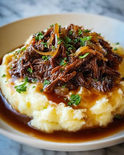 A plate of food with a crock pot French onion pot roast.