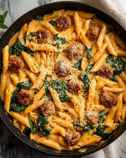 A dish of pasta with meatballs and spinach.