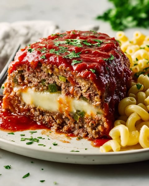 A plate of food with a meatloaf and noodles.