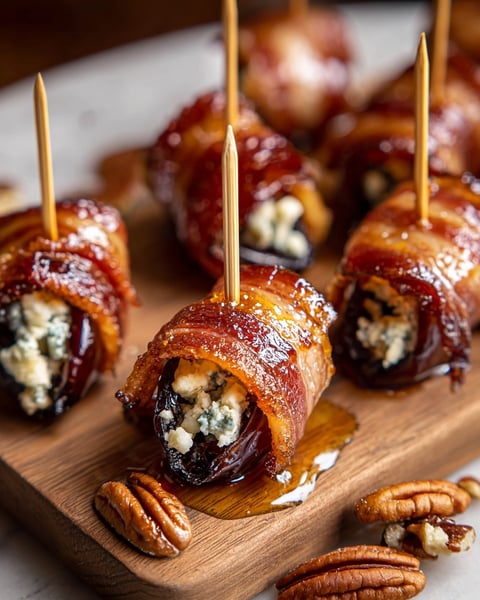 Bacon wrapped dates with blue cheese.