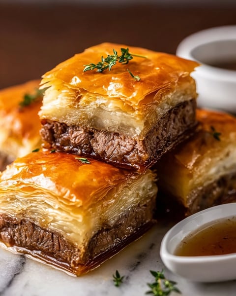 French dip squares on a plate.