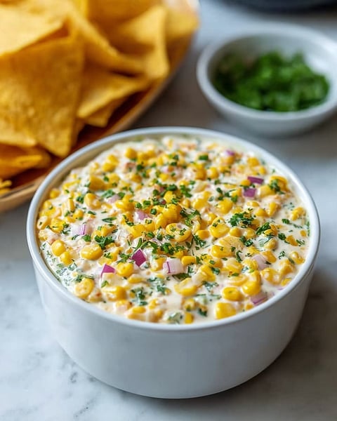 A bowl of corn dip with a green garnish.