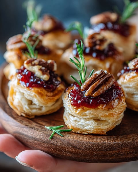 Baked cranberry brie bites on a wooden platter.