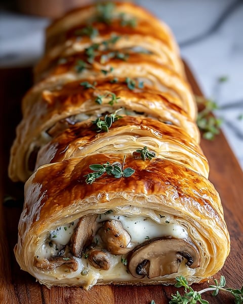 A long, golden-brown pastry filled with mushrooms and gruyere cheese.