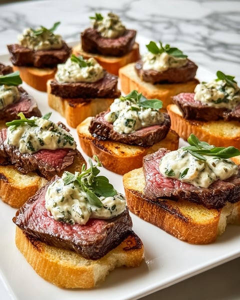 A plate of beef tenderloin gorgonzola crostini.