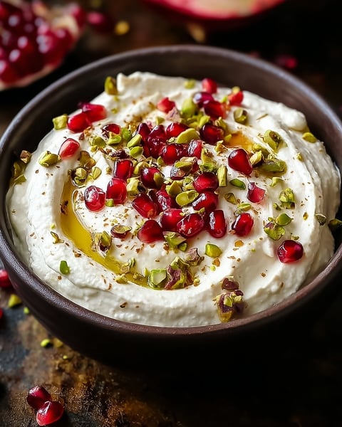 A bowl of white cream with pomegranate seeds on top.
