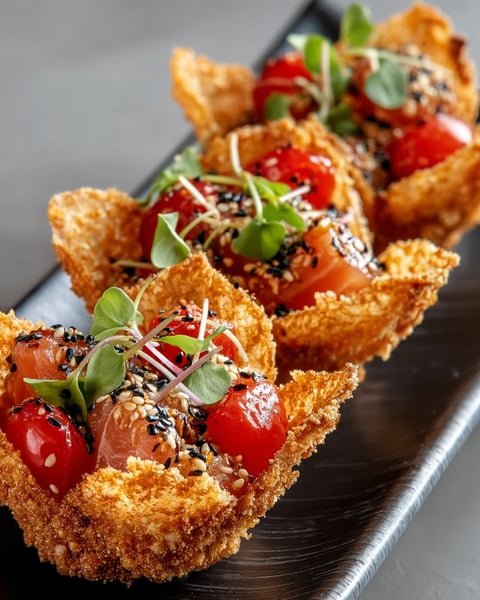 Spicy tuna sesame cones on a plate.