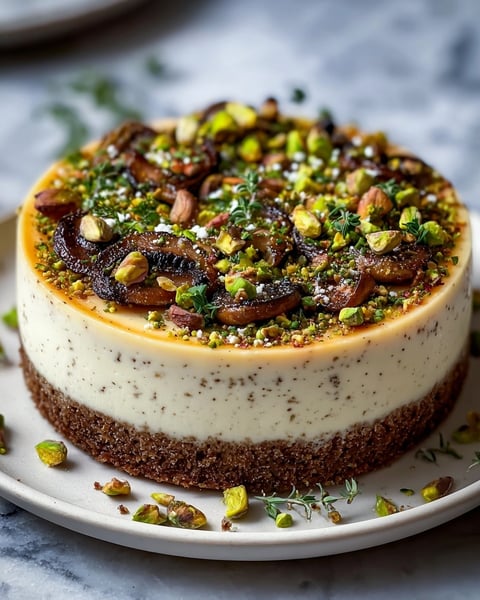 A slice of pistachio and mushroom cheesecake.