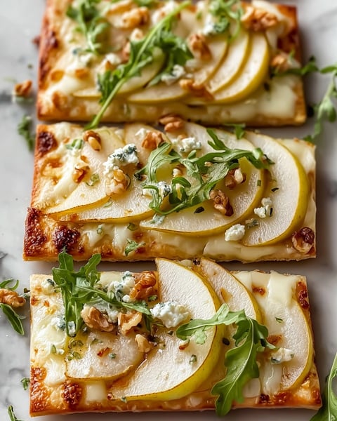 A slice of pear and gorgonzola flatbread.