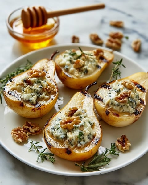 A plate of pears with blue cheese stuffed in them.