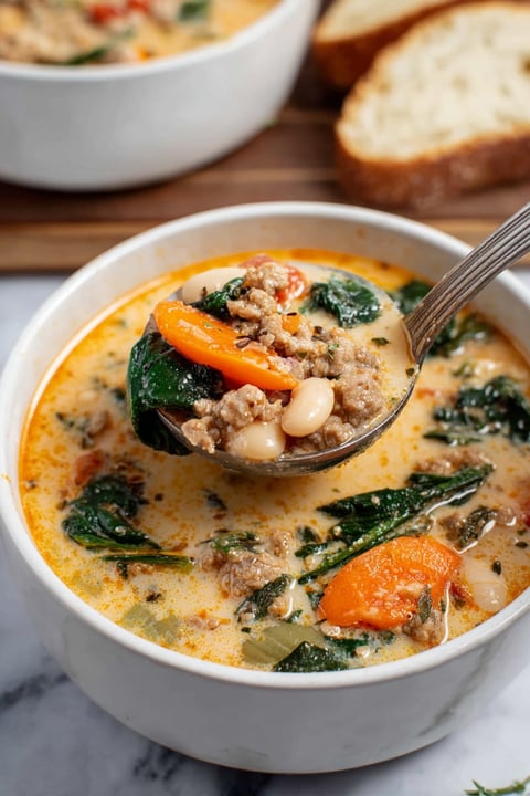 A spoon is in a bowl of soup.