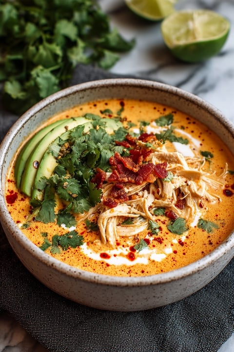 A bowl of creamy chicken enchilada soup.