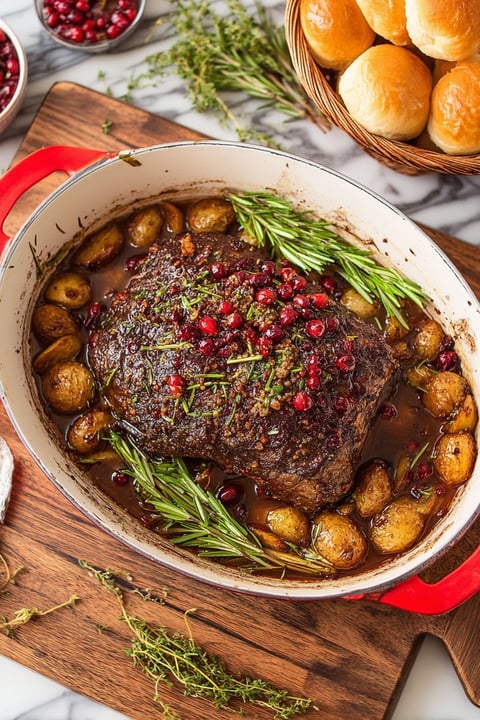 A beef brisket with cranberries and herbs.