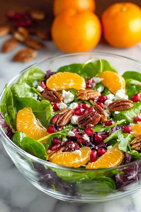 A bowl of salad with oranges, spinach, and nuts.