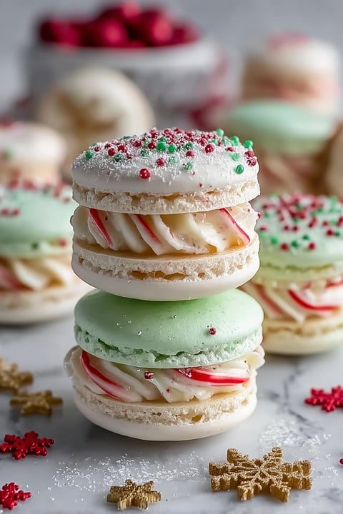 Macarons with green and white icing and red and white sprinkles.