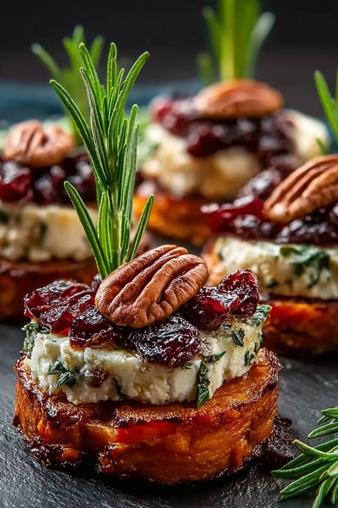 Sweet potato rounds with brie, cranberry and pecans.