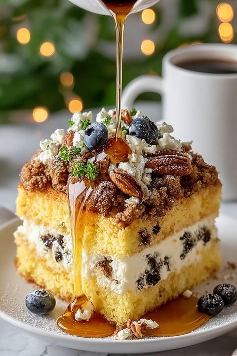 A slice of cake with maple syrup drizzled on top.