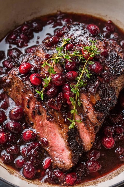 A roast beef dish with cranberries and balsamic sauce.