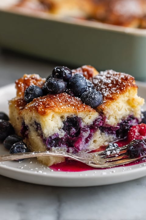 A slice of blueberry lemon French toast.