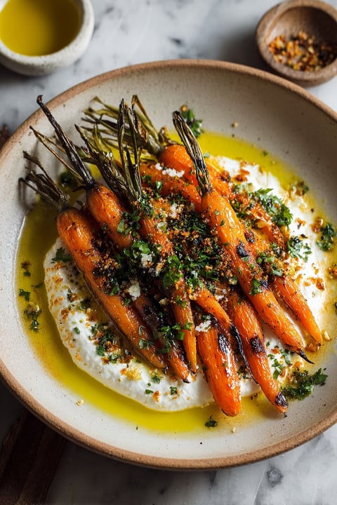 Roasted carrots with whipped ricotta and hot honey.