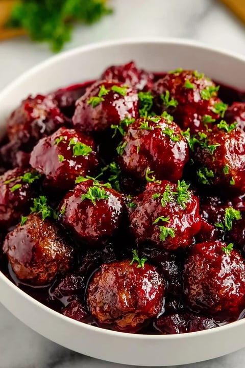 A bowl of meatballs with cranberries on top.