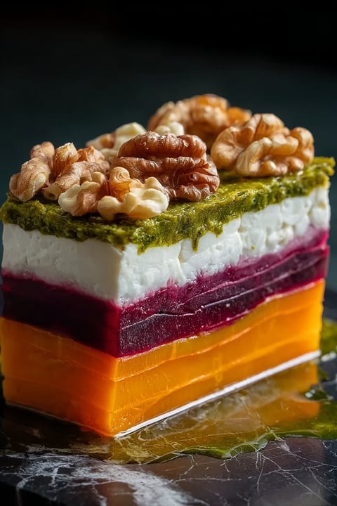 A stack of sweet potato and beet with pesto on top.