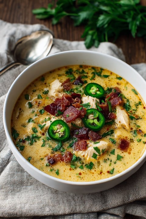 A bowl of soup with chicken and jalapenos.