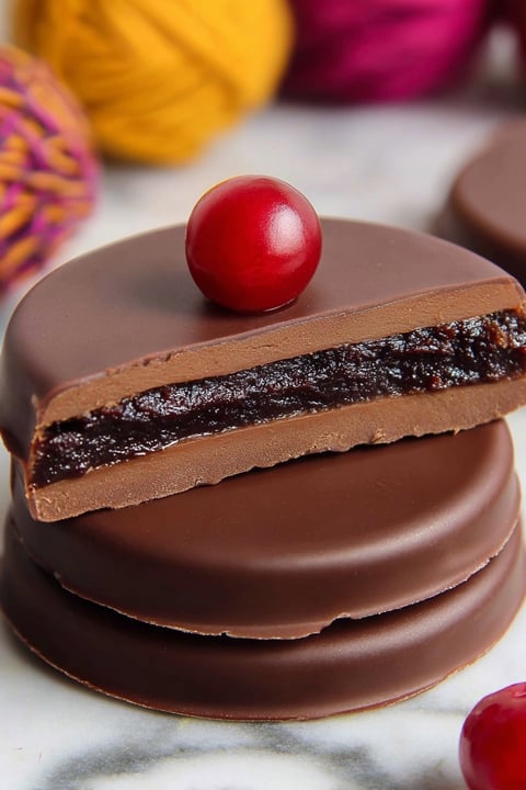 A slice of dark chocolate covered cranberry sauce.