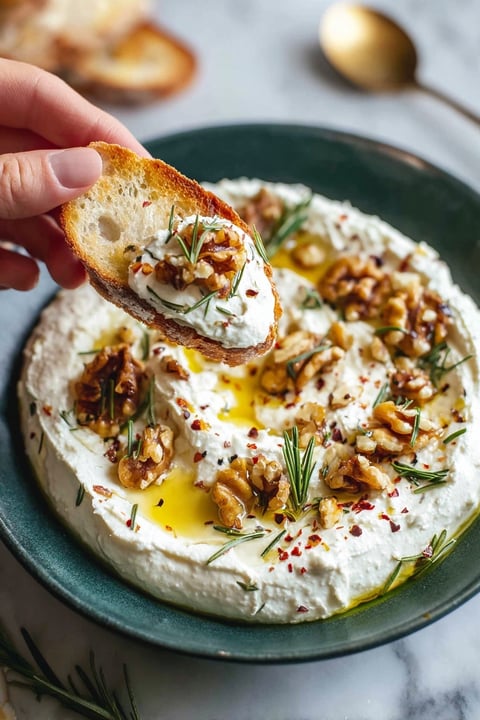 A person is holding a piece of bread with a spoonful of spicy ricotta dip on it.