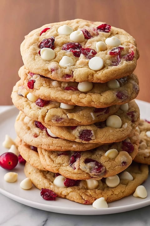 A stack of white chocolate cranberry cookies.