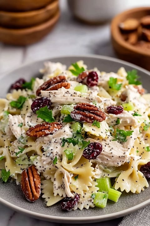 A bowl of pasta salad with cranberries and nuts.