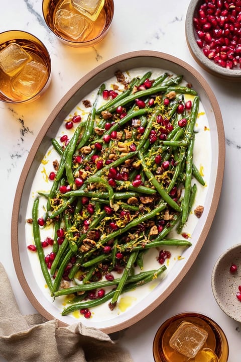 A dish of green beans with toasted pistachios and a creamy sauce.
